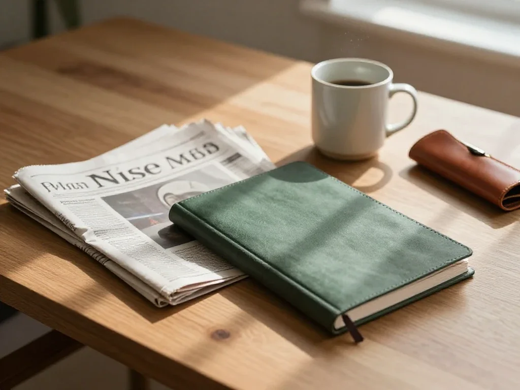 Table de rédaction éclairée par le soleil matinal avec journaux et carnet pour le travail.
