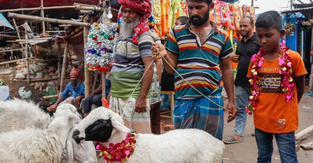 Scène de marché traditionnelle et animée, avec des personnes et des moutons parés pour une occasion festive.